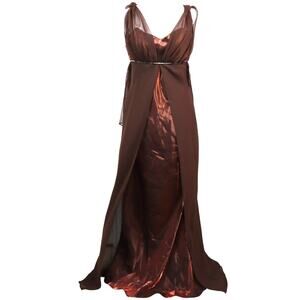 NWT Y2K Brown Dress Formal Evening Chiffon Overlay Back Scarfs Satin XS Boho